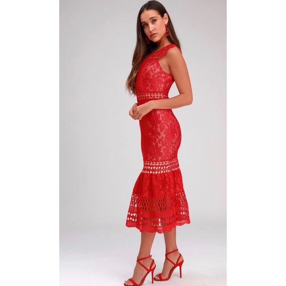 RED LACE SLEEVELESS MIDI DRESS - Picture 3 of 4